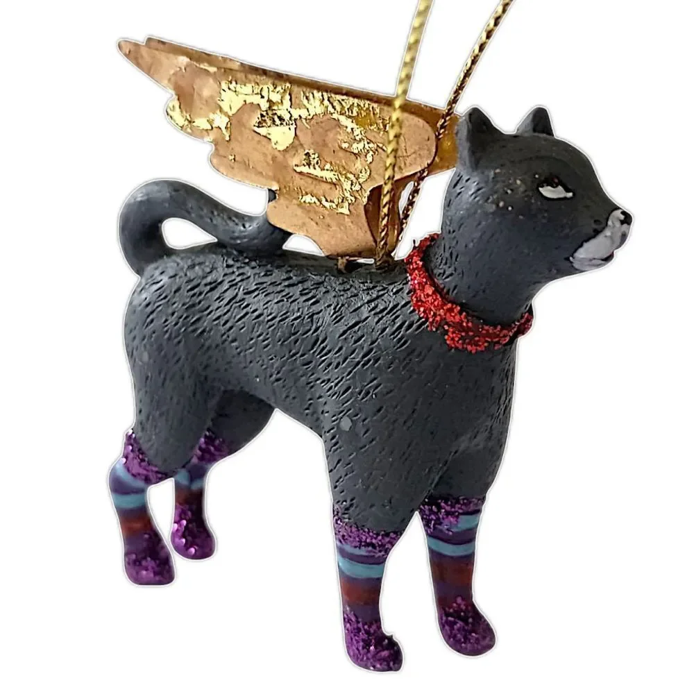 Vtg Black Cat Angel Ornament Gold Wings Purple Glitter Legs Christmas‎ Halloween